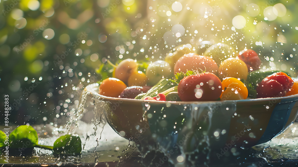Bowl of colorful fruits and vegetables with water droplets, sunlight illuminating the scene Bowl of colorful fruits and vegetables with water droplets, sunlight illuminating the scene