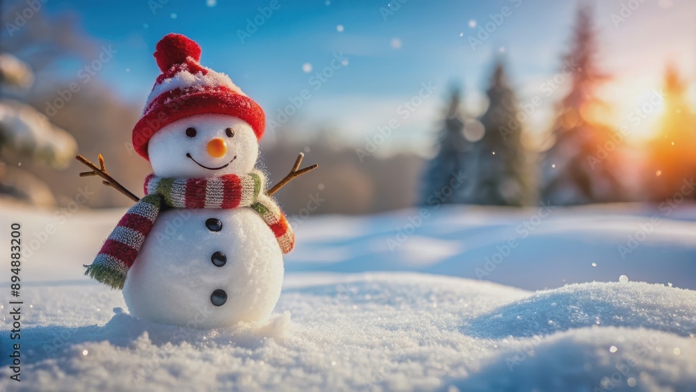 Snowman standing in the snow, winter, cold, holiday, Christmas, frosty, white, cute, frozen, outdoors, seasonal, carrot