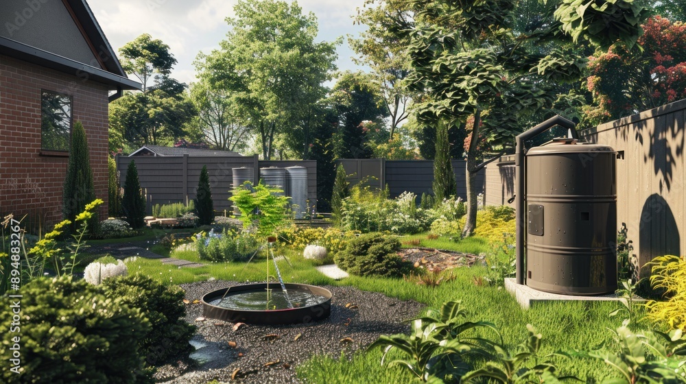 Generate a photo realistic image of urban rainwater harvesting systems collecting and utilizing rainwater for various uses; ensure the image is of high resolution for clear and detailed quality. Generate a photo realistic image of urban rainwater harvesting systems collecting and utilizing rainwater for various uses; ensure the image is of high resolution for clear and detailed quality.