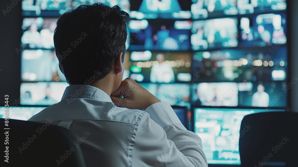 Focused male operator in white shirt monitoring multiple screens in a dark control room filled with high-tech equipment and security cameras Focused male operator in white shirt monitoring multiple screens in a dark control room filled with high-tech equipment and security cameras
