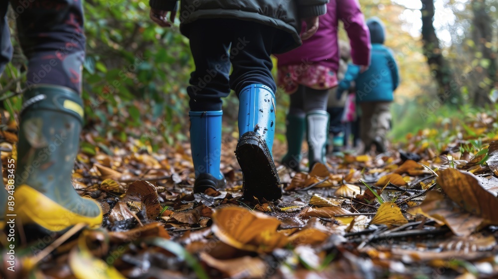 Children Exploring Outdoors in Autumn. Fun Outdoor Activity Class in Woods. Kids in Warm Clothes and Boots, Surrounded by Fallen Leaves. Children Exploring Outdoors in Autumn. Fun Outdoor Activity Class in Woods. Kids in Warm Clothes and Boots, Surrounded by Fallen Leaves.