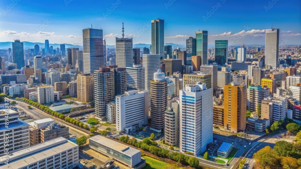 Fototapeta premium Cityscape of downtown Osaka with clear blue sky, Osaka, Japan, city, urban, downtown, skyline, buildings, architecture