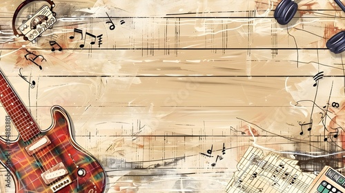Vintage Plaid Music Doodle Print Border Design with Electric Guitar and Headphones