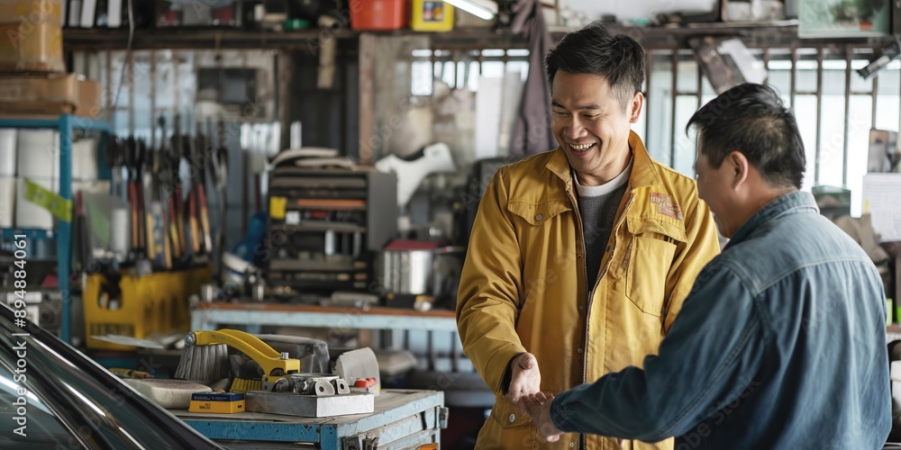 Pleased Asian Male Garage Owner Shaking Hands with Customer to Seal a Deal Over Car Repair Services in a Busy Garage Workshop with Car in Background Pleased Asian Male Garage Owner Shaking Hands with Customer to Seal a Deal Over Car Repair Services in a Busy Garage Workshop with Car in Background