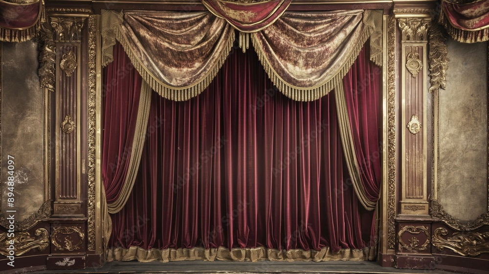 Red elegant stage theater curtain with intricate gold trim, luxurious ...