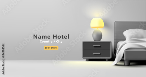 Interior of a luxury bedroom with a table lamp on, 3D. For concepts of advertising and booking hotels, apartments, and hostels. Online booking for leisure, and business trips. Vector