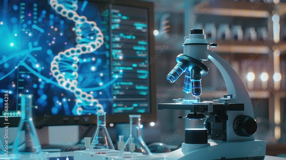 Modern Microscope in a Laboratory Setting with a Computer Screen Displaying a DNA Strand Modern Microscope in a Laboratory Setting with a Computer Screen Displaying a DNA Strand