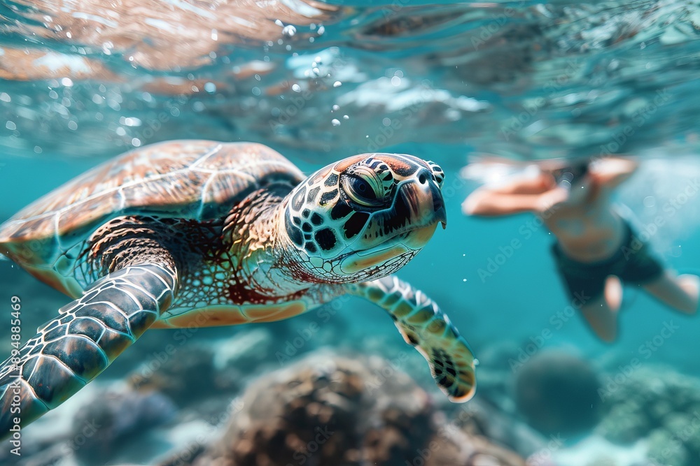 Fototapeta premium Sea Turtle Encounter in Turquoise Waters