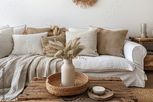 Featuring a rustic yet elegant vibe, this white living room includes a white sofa with various textured pillows, along with a coffee table, woven elements, and an aesthetic vase. photo