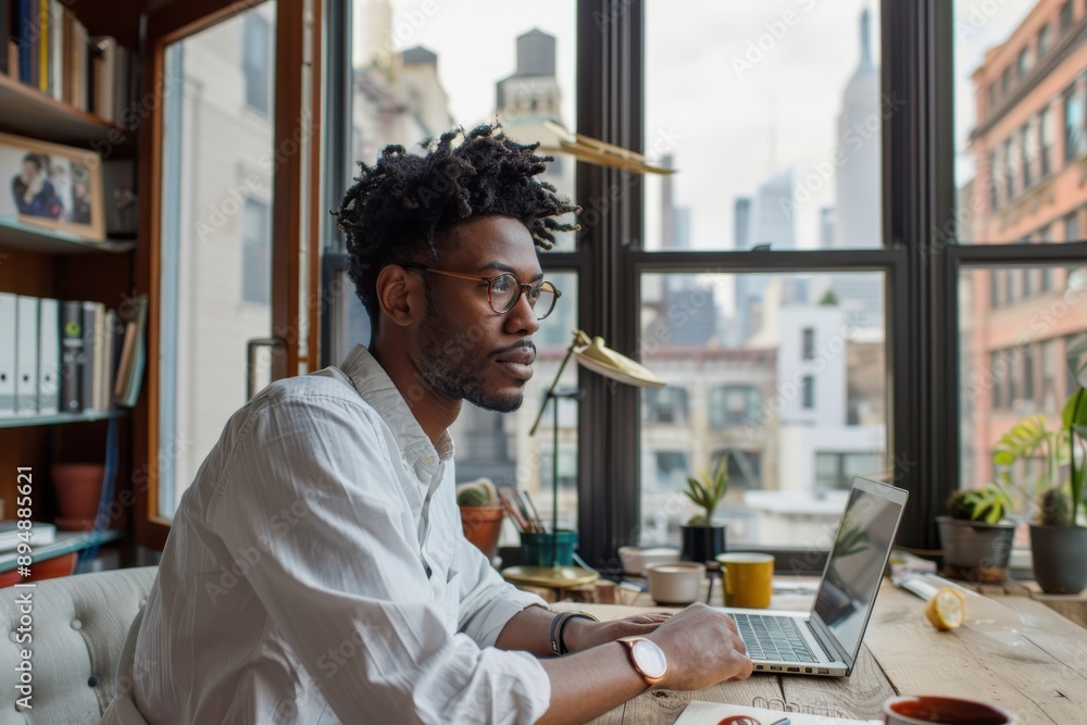 A man working on a laptop in an urban apartment with large windows that reveal a city skyline in the background, surrounded by houseplants and office supplies. A man working on a laptop in an urban apartment with large windows that reveal a city skyline in the background, surrounded by houseplants and office supplies.