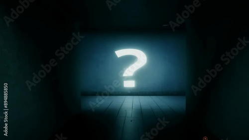  a dark hallway,  a glowing question mark on the wall. The back light creates a silhouette effect, while the side light highlights the edges of the question mark, adding to the suspense and mystery.