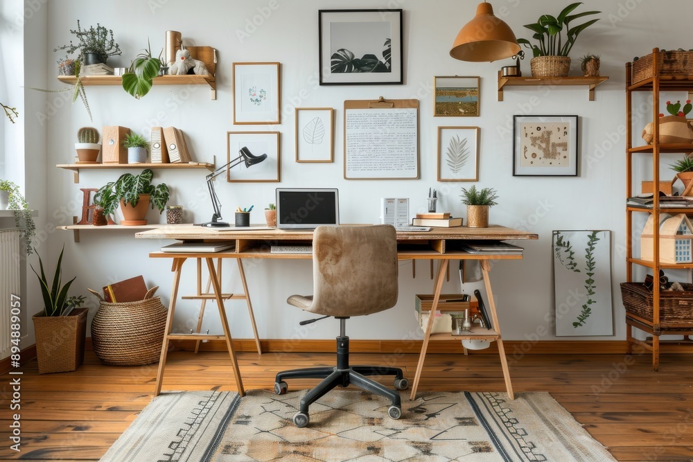 Obraz premium This stylish home office features a large wooden desk with a comfortable chair, surrounded by plants and artwork, creating an inviting and aesthetically pleasing work environment.