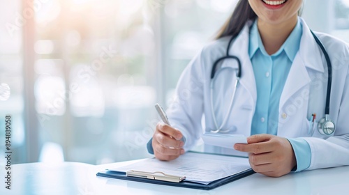 A woman doctor is writing on a clipboard. She is smiling and seems to be happy. The clipboard is on a table in a room with a window