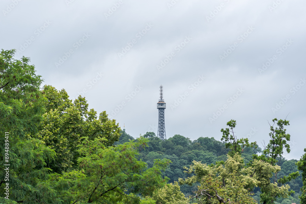 Obraz premium Petrin lookout steel framework tower built in 1891, resembling small Eiffel Tower, on Petrin hill in Prague, Czech Republic
