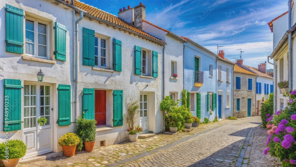 Charming village of Ars en R? in France with traditional white houses and colorful shutters , Ars en R? Charming village of Ars en R? in France with traditional white houses and colorful shutters , Ars en R?