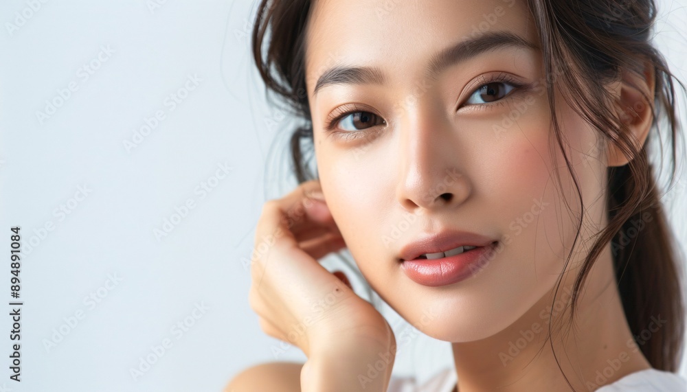 Radiant Beauty: Close-up portrait of a beautiful Asian woman with flawless skin and a natural glow. Her eyes sparkle with confidence and her expression is serene. A perfect image for beauty, skincare Radiant Beauty: Close-up portrait of a beautiful Asian woman with flawless skin and a natural glow. Her eyes sparkle with confidence and her expression is serene. A perfect image for beauty, skincare