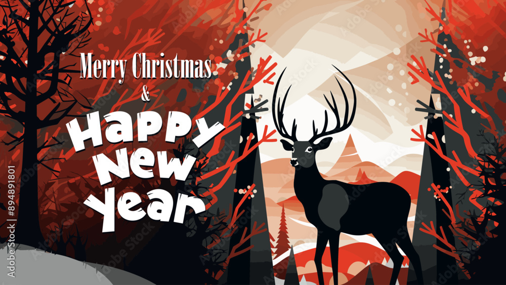 Fototapeta premium Merry Christmas and Happy New Year horizontal greeting card with deer in snowy winter spruce forest scenery. Xmas reindeer holiday eve banner and lettering. Traditional december celebration eps print