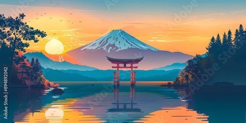 Mount Fuji and red torii gate in the lake with sunset