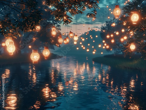 A cluster of lanterns drifting over a river, their reflections creating a shimmering path of light on the water.