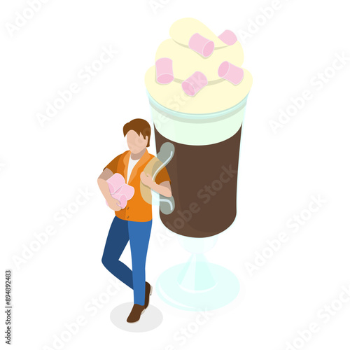 3D Isometric Flat Vector Set of Various Hot And Cold Beverages, Collection of People Enjoying Their Drinks. Item 1