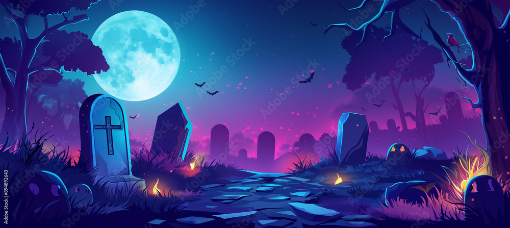 Obraz premium Halloween at night with full moon, Game background, Illustration