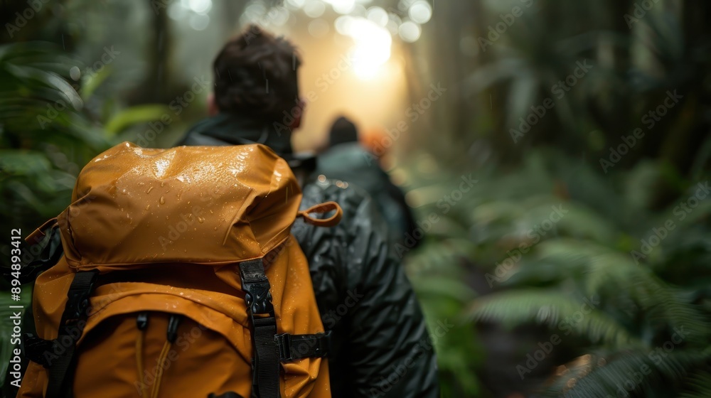 Hikers in raincoats navigate a rainy forest path, making their way through the wet, dense foliage. The misty atmosphere adds to the sense of adventure and exploration. Hikers in raincoats navigate a rainy forest path, making their way through the wet, dense foliage. The misty atmosphere adds to the sense of adventure and exploration.