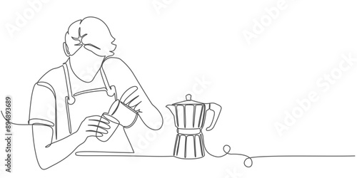 Continues line art illustration of barista pouring milk to coffee