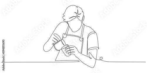 Continues line art illustration of barista pouring milk to coffee