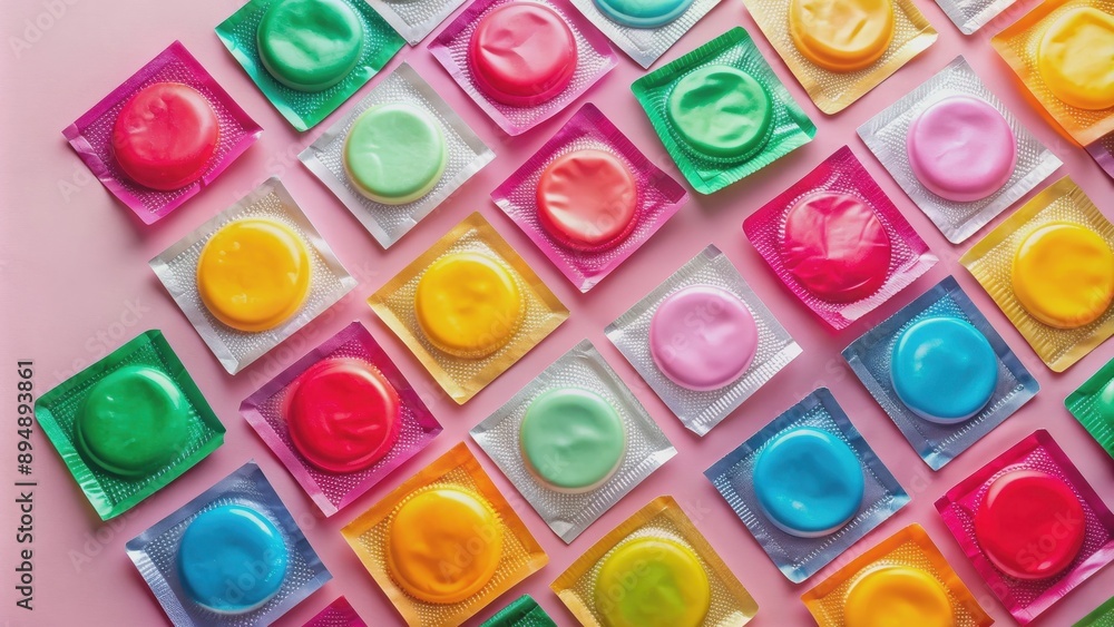 Stylish flat lay of colorful condoms on pastel background, condoms, flat lay, stylish, colorful, packaging Stylish flat lay of colorful condoms on pastel background, condoms, flat lay, stylish, colorful, packaging