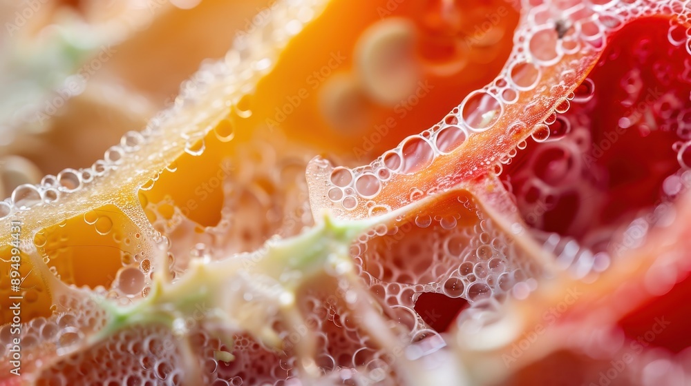 A macro photograph showing slices of bell peppers, covered with tiny water droplets, highlighting the fresh and vibrant colors and textures, focused on the natural beauty of the vegetable. A macro photograph showing slices of bell peppers, covered with tiny water droplets, highlighting the fresh and vibrant colors and textures, focused on the natural beauty of the vegetable.