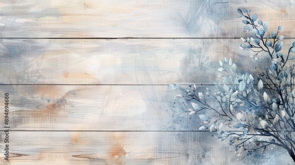 Abstract rustic wooden background with painted branches, blue and white floral designs, ideal for backgrounds, decor, or creative projects. Abstract rustic wooden background with painted branches, blue and white floral designs, ideal for backgrounds, decor, or creative projects.
