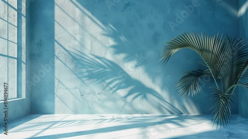 Palm shadow in minimal blue display room