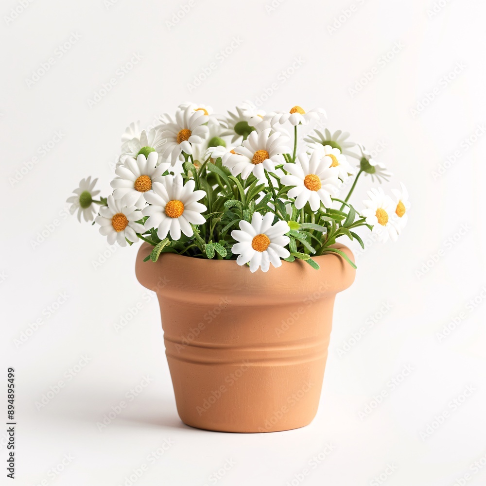Tiny clay pot with miniature daisy flowers, beautifully rendered in soft pastel colors, facing front on a white background, high resolution, DSLR