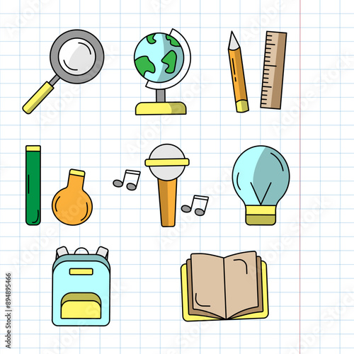 Flat school icons on the checkered sheet background