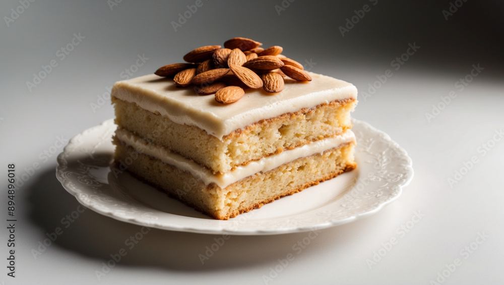 A Slice of Almond Cake with Buttercream Frosting and Topped with Almonds on an Ornate Plate A Slice of Almond Cake with Buttercream Frosting and Topped with Almonds on an Ornate Plate