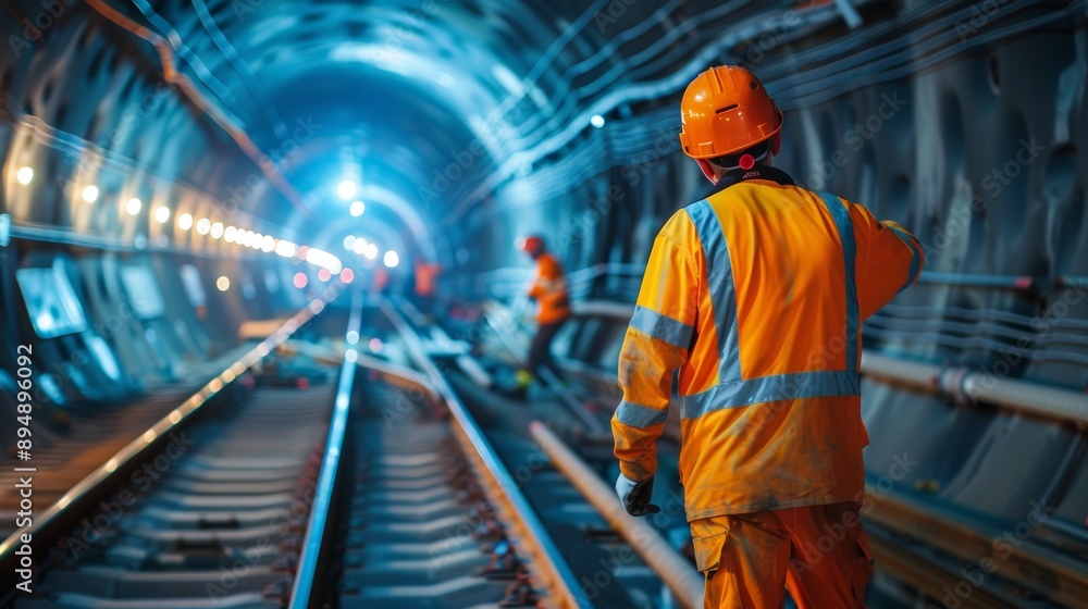 Maintenance Workers Inspecting Subway Tracks for Safety and Reliability Under Tunnel Lighting Maintenance Workers Inspecting Subway Tracks for Safety and Reliability Under Tunnel Lighting