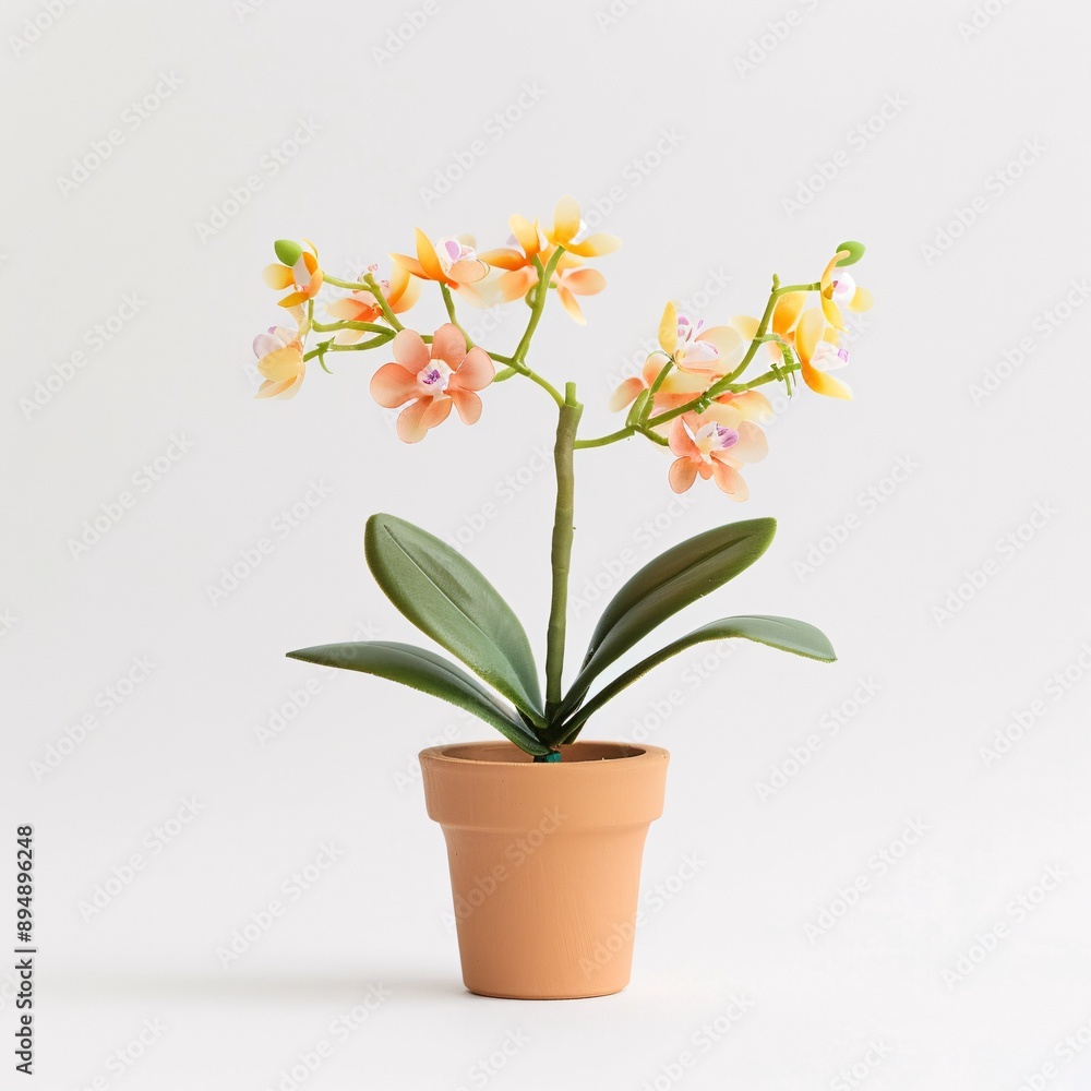 Fototapeta premium Miniature clay pot with tiny orchid flowers, designed in delicate pastel colors, facing front on a white background, high resolution, DSLR
