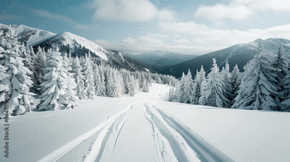 A breathtaking winter panorama showing fresh ski tracks through pristine white snow on a mountainous landscape with snow-covered trees under a partly cloudy sky. A breathtaking winter panorama showing fresh ski tracks through pristine white snow on a mountainous landscape with snow-covered trees under a partly cloudy sky.