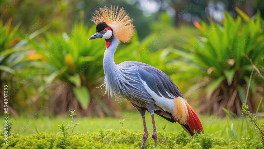 Fototapeta premium Graceful grey crowned crane standing in its natural habitat, wildlife, bird, nature, safari, Africa, endangered species