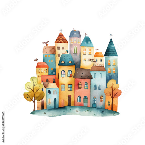 urban scene lanscape vector illustration in watercolor style