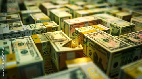 conceptual image of a maze made of currency notes and financial documents, with a clear path leading to a golden budget goal