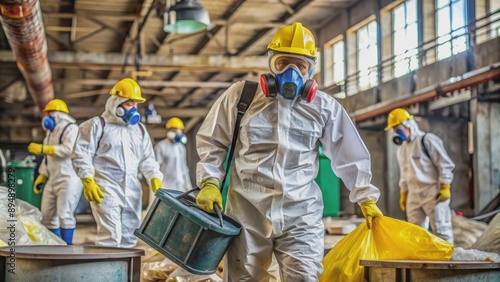 Disposal of asbestos in protective gear at a hazardous waste facility, asbestos, removal, disposal