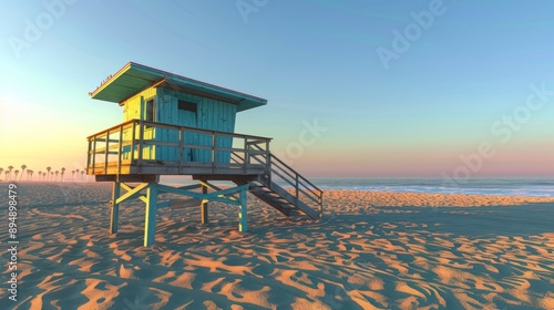 lifeguard tower on Santa Monica beach in Los Angeles, USA with an American flag and people running around, summer evening in sunset light
