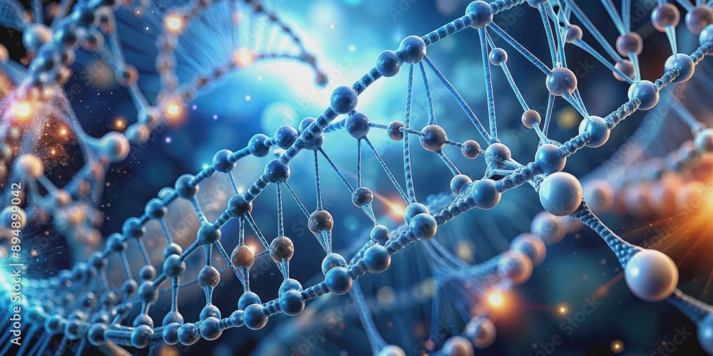 Close-up of DNA double helix structure with atoms and neural communication pathways in the background Close-up of DNA double helix structure with atoms and neural communication pathways in the background