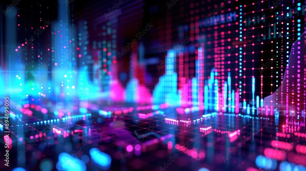 Fototapeta premium Vibrant digital data visualization with colorful graphs and glowing lines representing data analysis and technology.