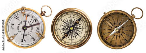 Old geographical compasses collection isolated on a white background. Retro compass is a wonderful element for your design.