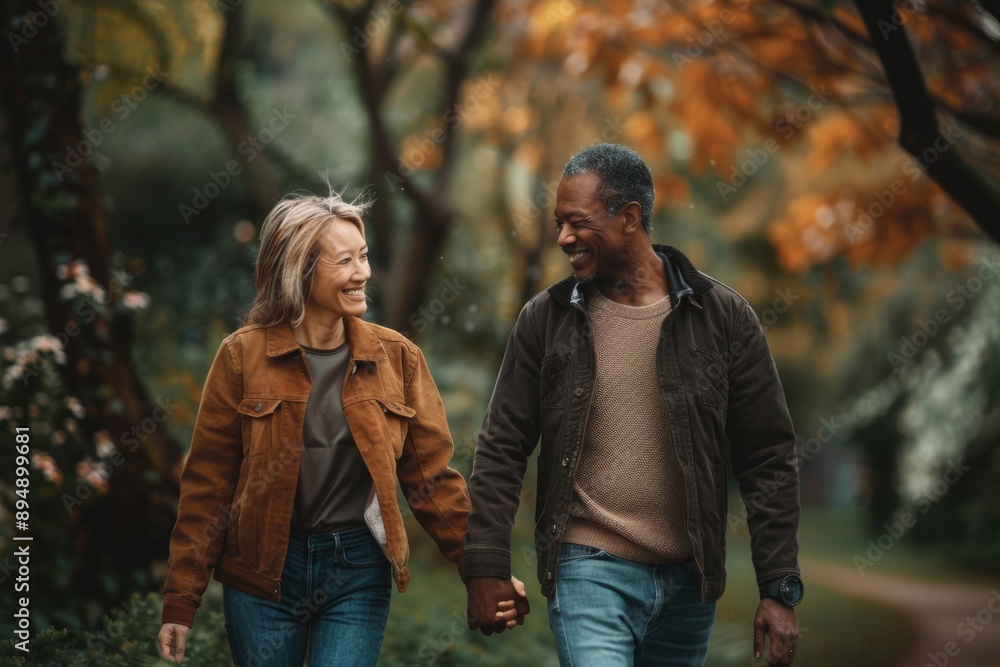 Portrait of a tender multicultural couple in their 30s holding hands while walking Portrait of a tender multicultural couple in their 30s holding hands while walking