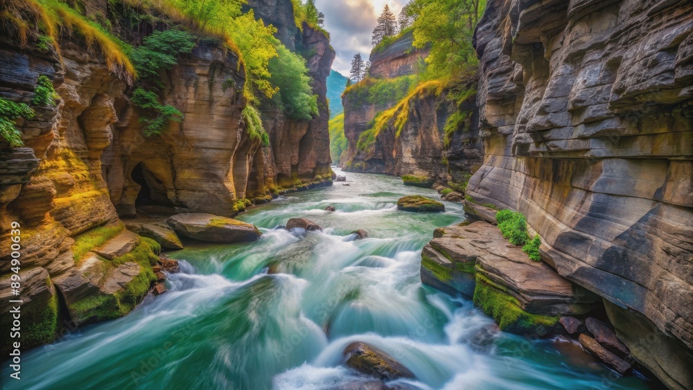 Fototapeta premium Dynamic scene of a rushing river carving through a deep canyon , nature, power, force, rugged, terrain, canyon, river, water