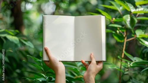 person holds a blank open book with nature background. mockup concept