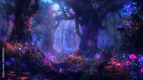 Enchanted forest with towering, twisted trees and vibrant, glowing flora, illuminated by ethereal light